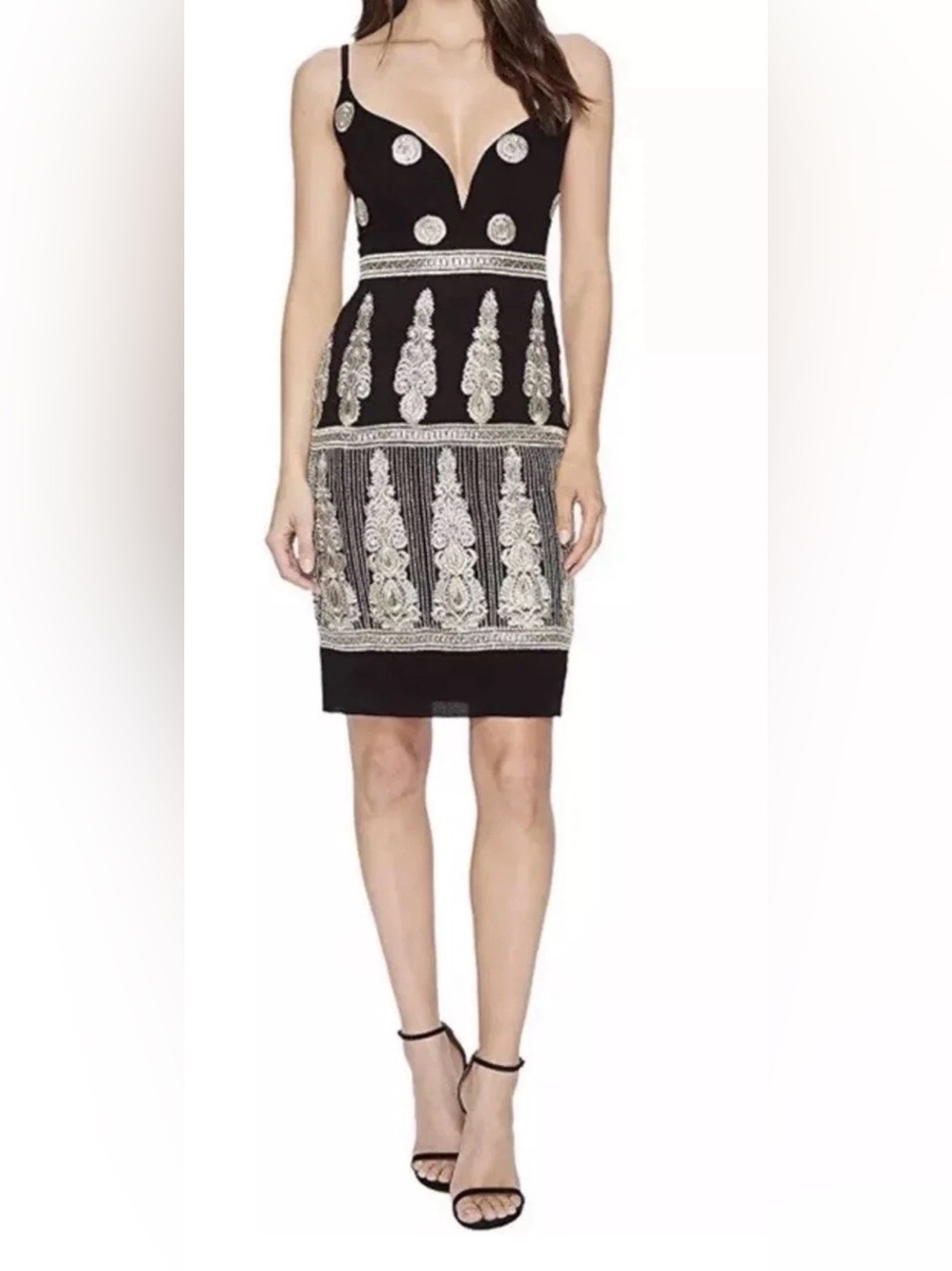Nicole Miller Enchanted Embroidered 100% Silk Black Gold V-Neck Dress Size 4